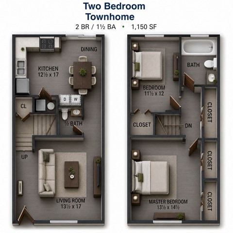 Floor plan for 2 beds, 1.5 baths, 1150 sqft